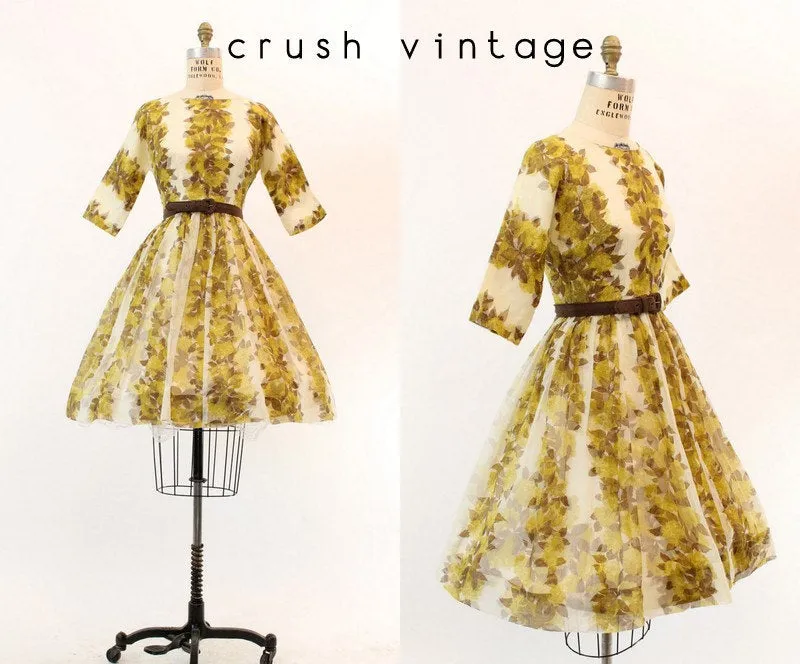 1950s organza dress rose floral print xs | new fall