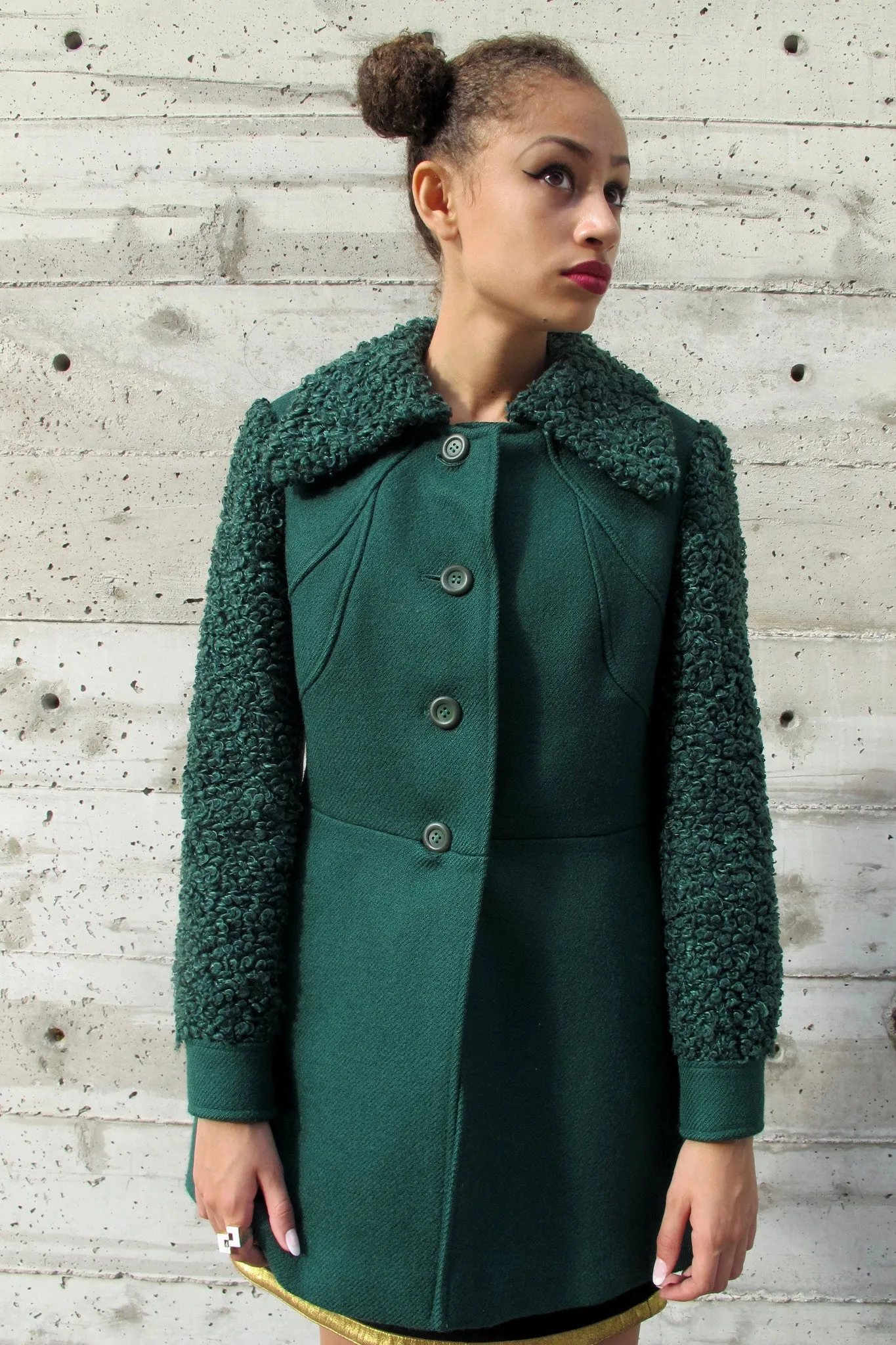 1960's Green Wool Coat with Curly Wool Sleeves and Collar - SOLD