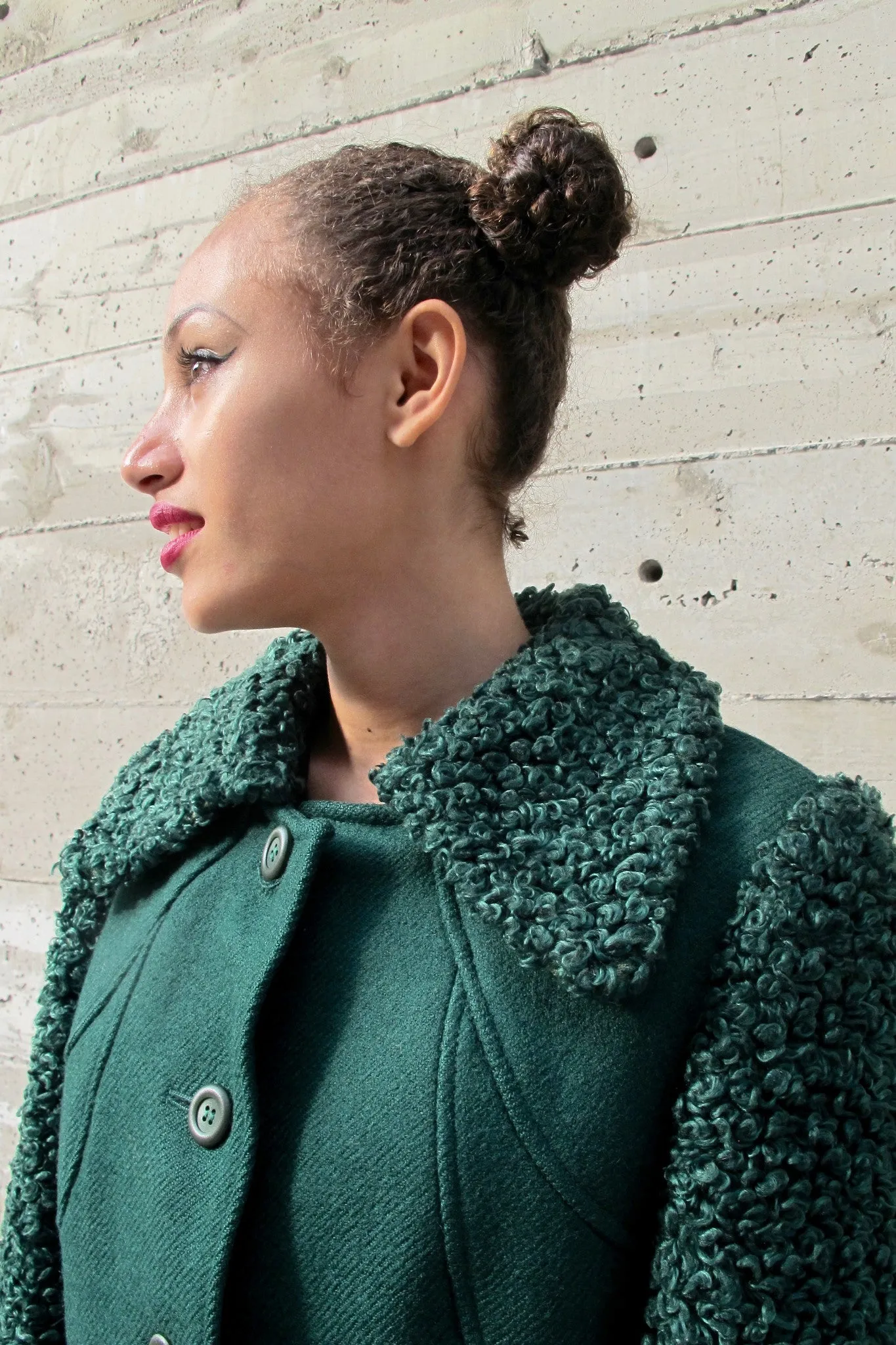 1960's Green Wool Coat with Curly Wool Sleeves and Collar - SOLD