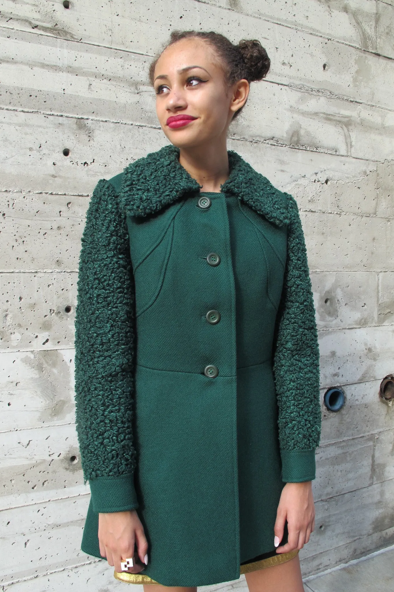 1960's Green Wool Coat with Curly Wool Sleeves and Collar - SOLD