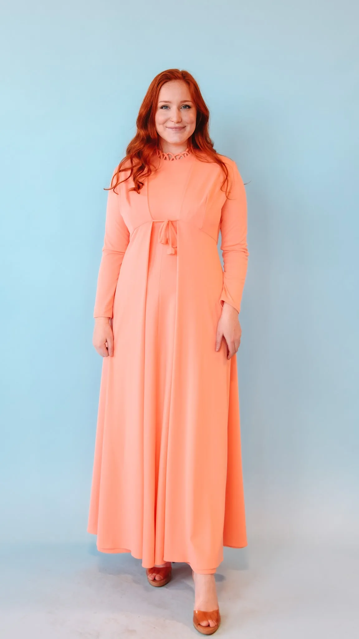 1970s Peach Maxi Dress and Jacket Set, sz. L