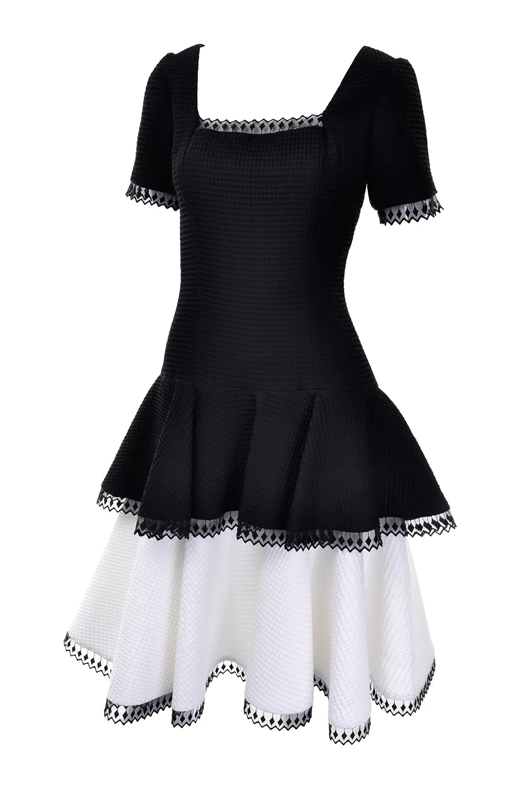 1980s Victor Costa Vintage Waffle Weave Black & White Dress