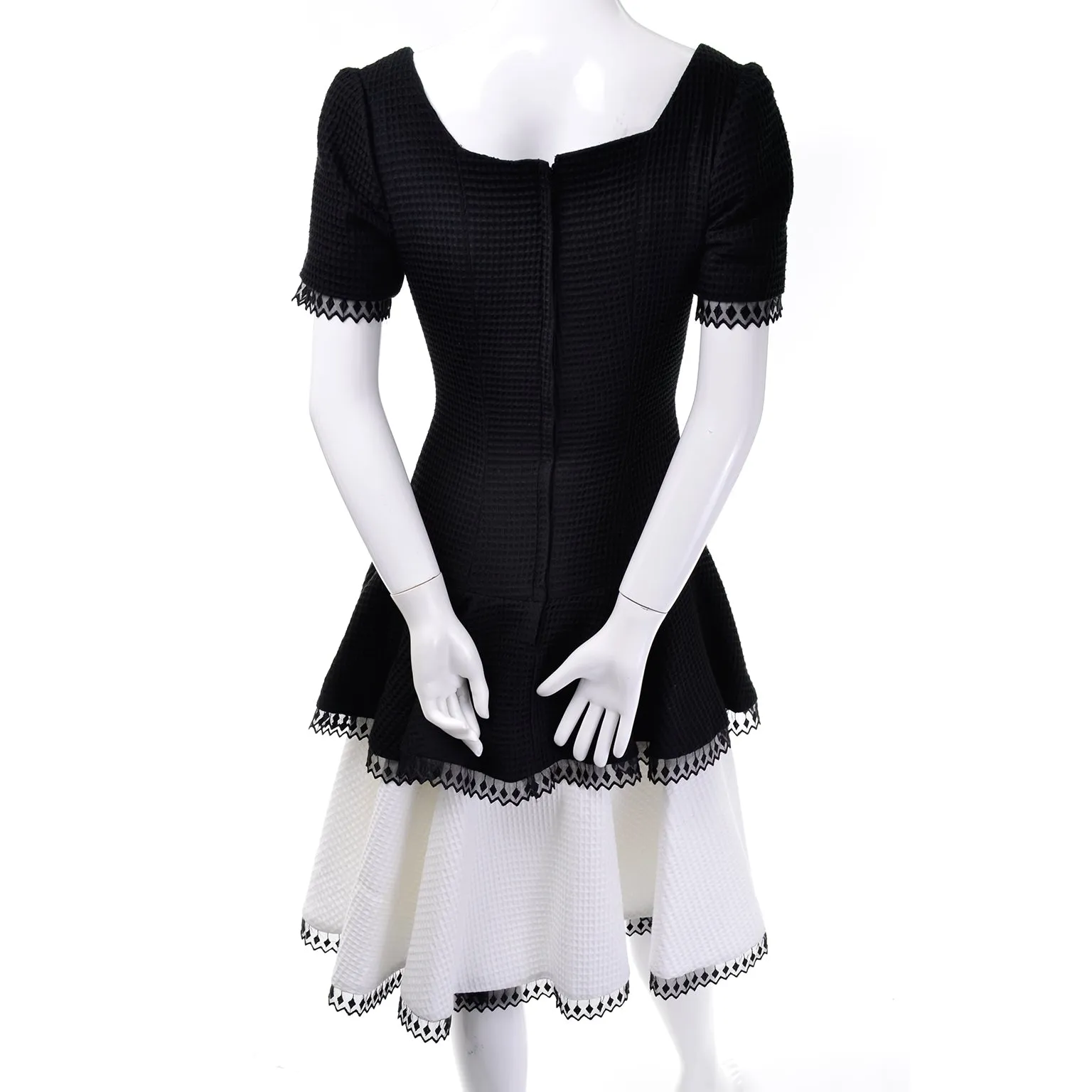 1980s Victor Costa Vintage Waffle Weave Black & White Dress