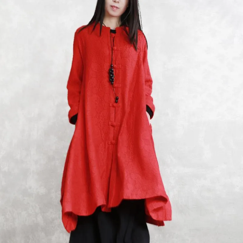 2018 red coats oversize Stand Jacquard maxi coat Fashion long sleeve pockets long coat