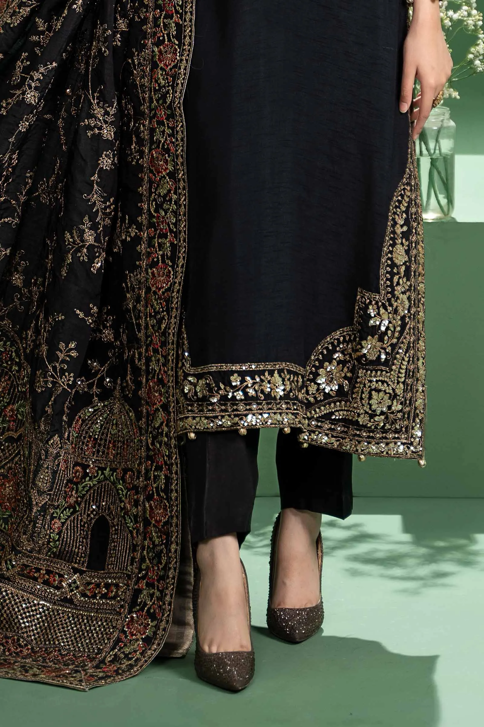 3 Piece Embroidered Raw Silk Suit | SF-W24-20