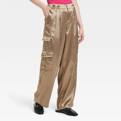 A New Day Women's Straight Relaxed High Rise Satin Cargo Pants Glossy