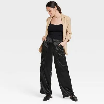 A New Day Women's Straight Relaxed High Rise Satin Cargo Pants Glossy