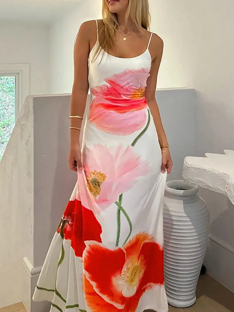 A&A Backless Printed Flower Vacation Maxi Dress