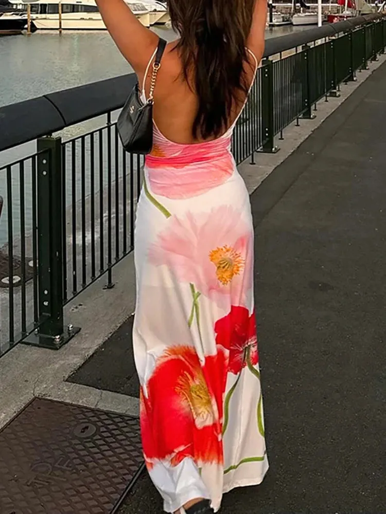 A&A Backless Printed Flower Vacation Maxi Dress