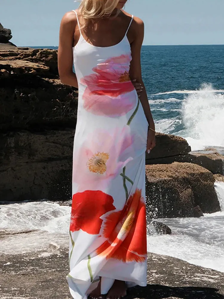 A&A Backless Printed Flower Vacation Maxi Dress