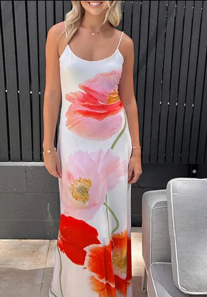 A&A Backless Printed Flower Vacation Maxi Dress