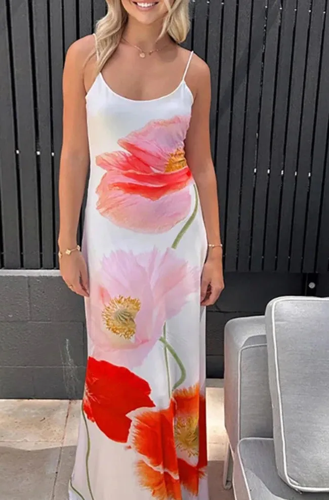 A&A Backless Printed Flower Vacation Maxi Dress