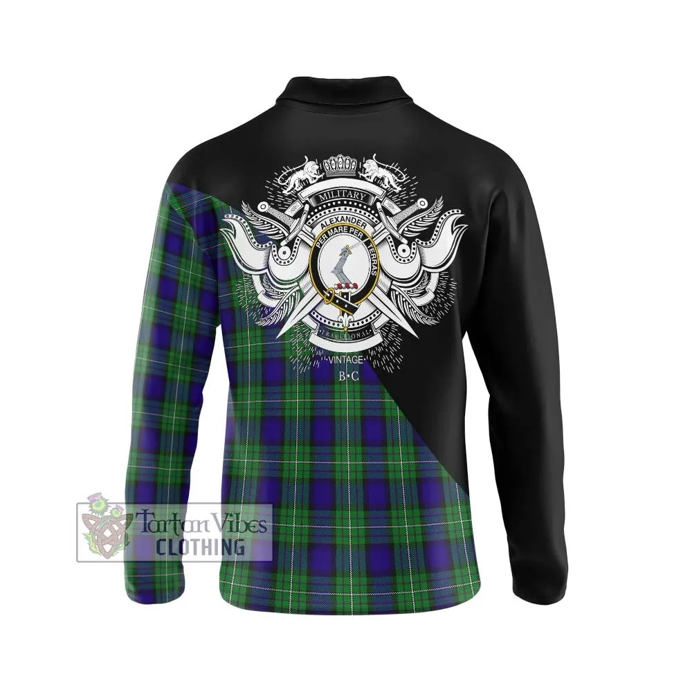 Alexander Tartan Long Sleeve Polo Shirt with Family Crest and Military Logo Style