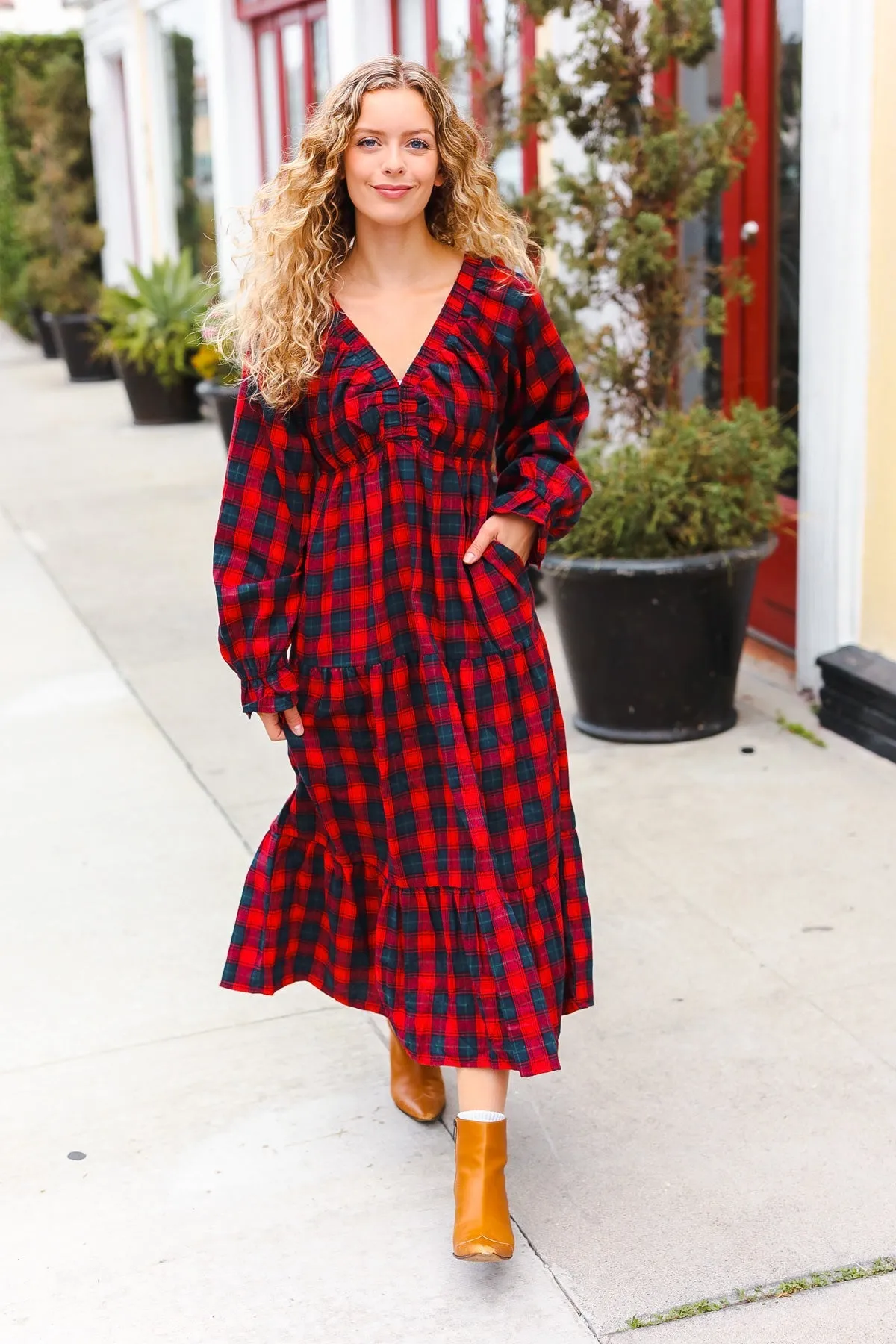 All I Want Red Plaid Elastic V Neck Tiered Maxi Dress