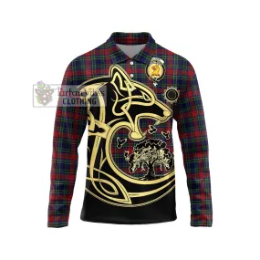 Allison Red Tartan Long Sleeve Polo Shirt with Family Crest Celtic Wolf Style