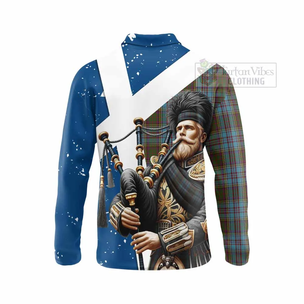 Anderson Tartan Long Sleeve Polo Shirt with Family Crest Scottish Bagpiper Vibes