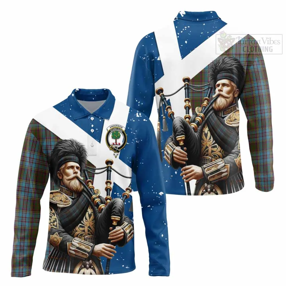 Anderson Tartan Long Sleeve Polo Shirt with Family Crest Scottish Bagpiper Vibes