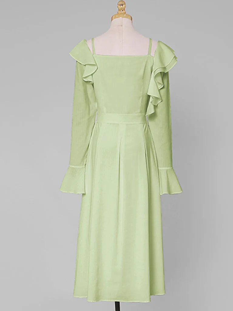 Apple Green Square Neck Ruffle 1950S Vintage Dress