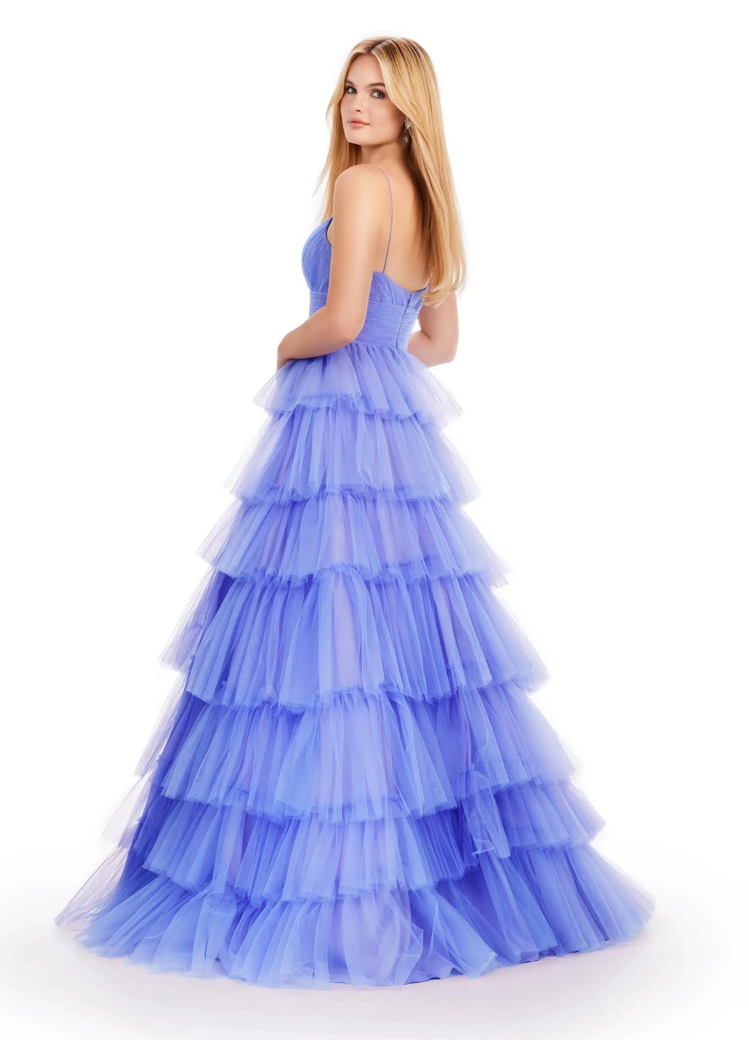 Ashley Lauren 11622 Long Layered Tulle A Line Prom Dress Formal Ballgown V Neck Formal Pageant