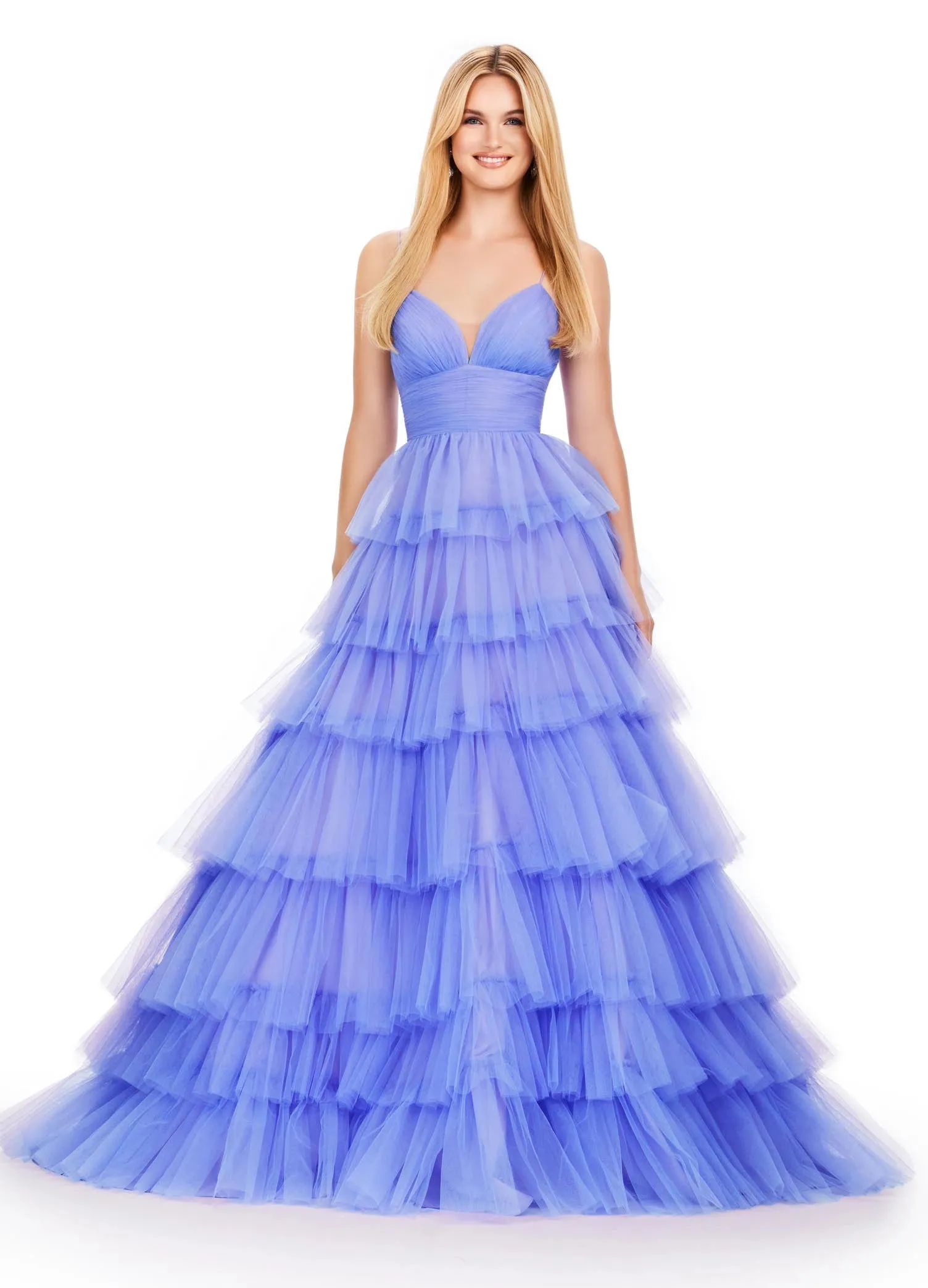 Ashley Lauren 11622 Long Layered Tulle A Line Prom Dress Formal Ballgown V Neck Formal Pageant