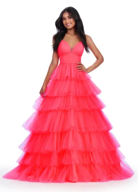 Ashley Lauren 11622 Long Layered Tulle A Line Prom Dress Formal Ballgown V Neck Formal Pageant