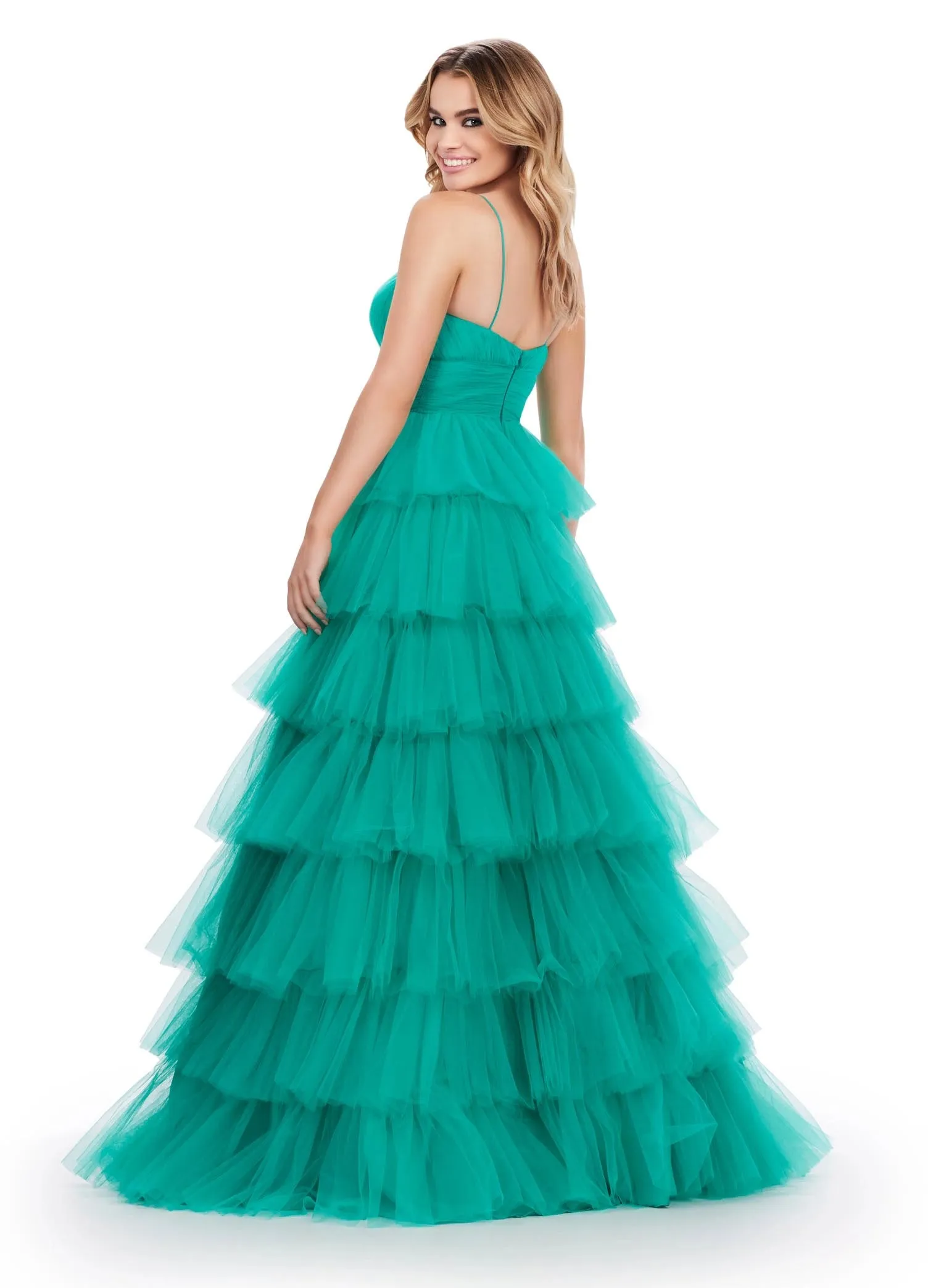 Ashley Lauren 11622 Long Layered Tulle A Line Prom Dress Formal Ballgown V Neck Formal Pageant