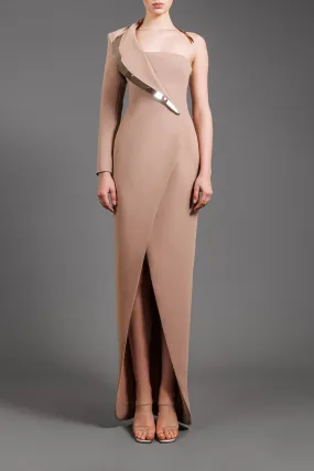 Asymmetrical nude dress with gold metal detail on the collar