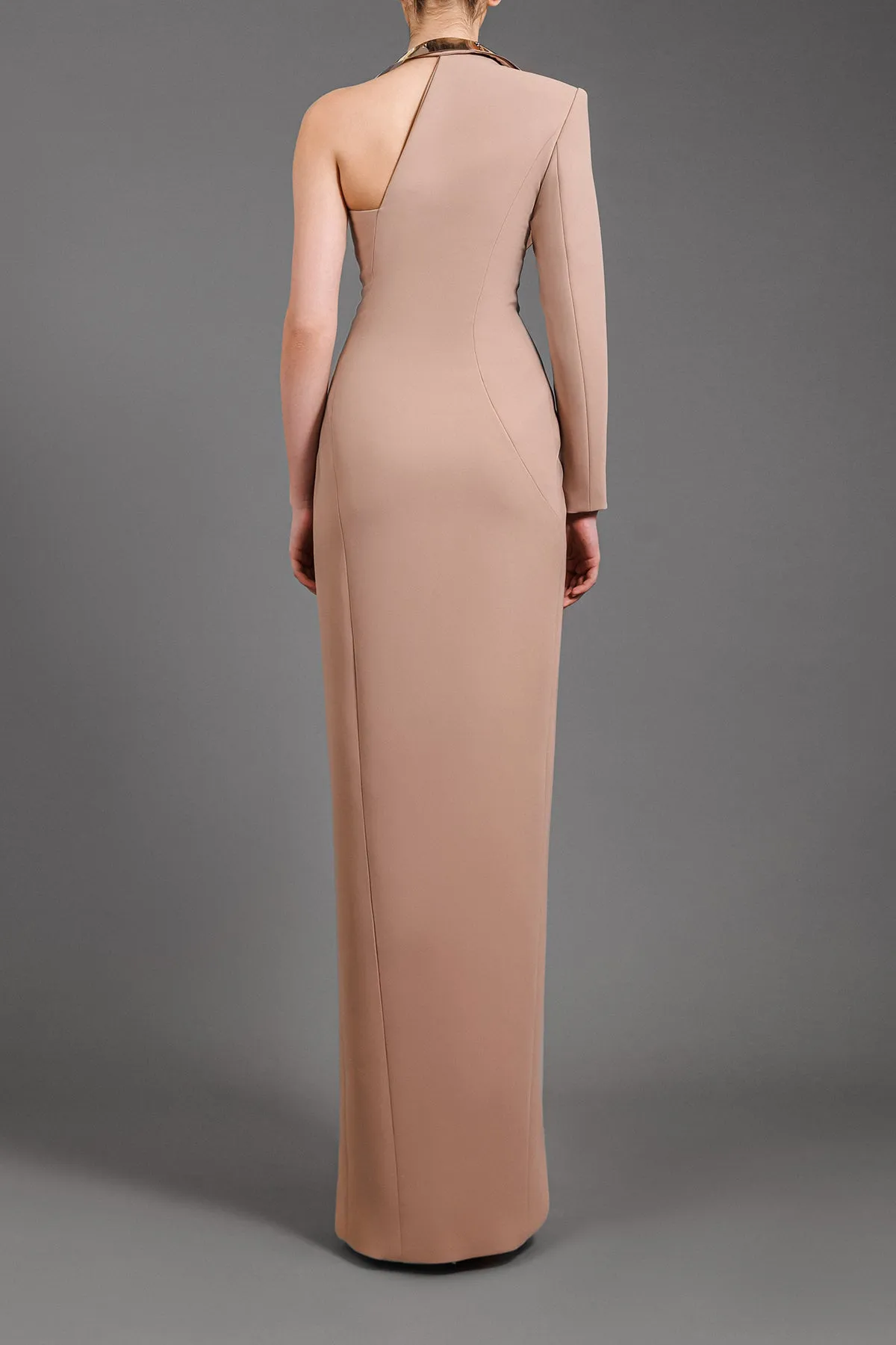 Asymmetrical nude dress with gold metal detail on the collar