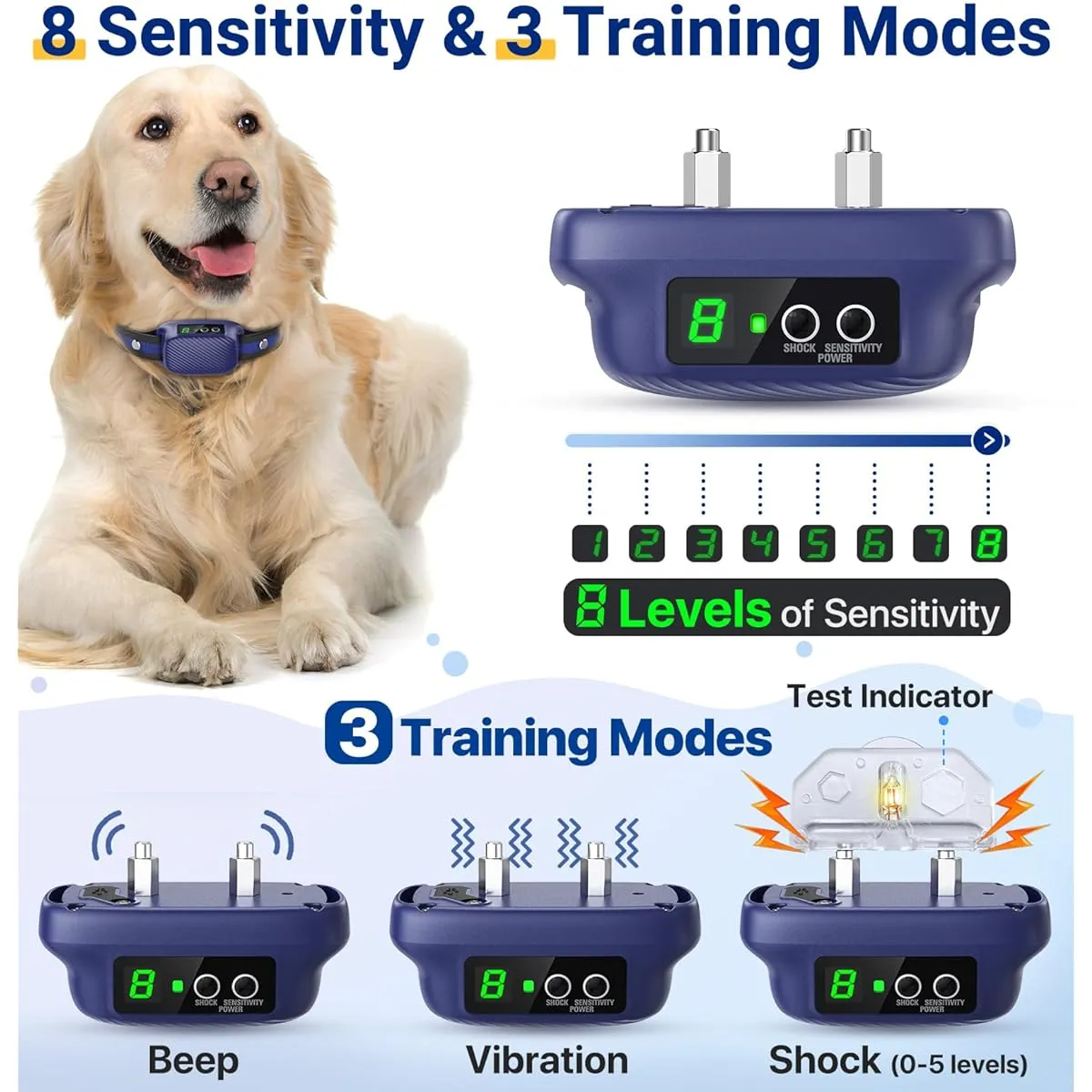 Automatic Dog Bark Collar with Beep Vibration Optional Shock, Rechargeable with 8 Adjustable Sensitivity