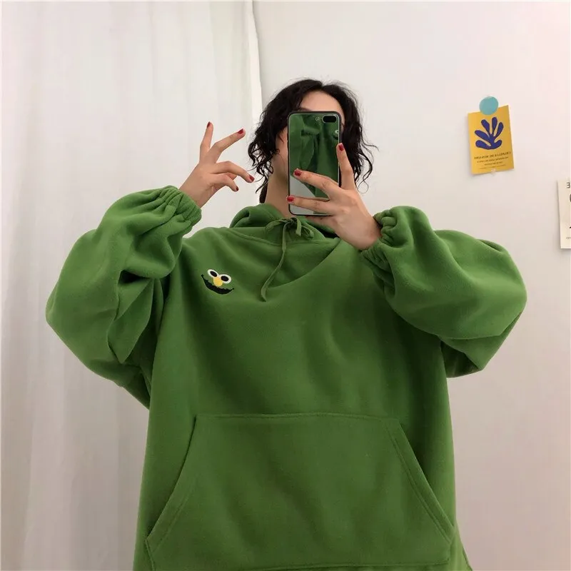 Autumn Cartoon Loose Women's Hoodies Oversize Sweatshirt Pockets Embroidered Sweatshirts Women  Winter Clothing