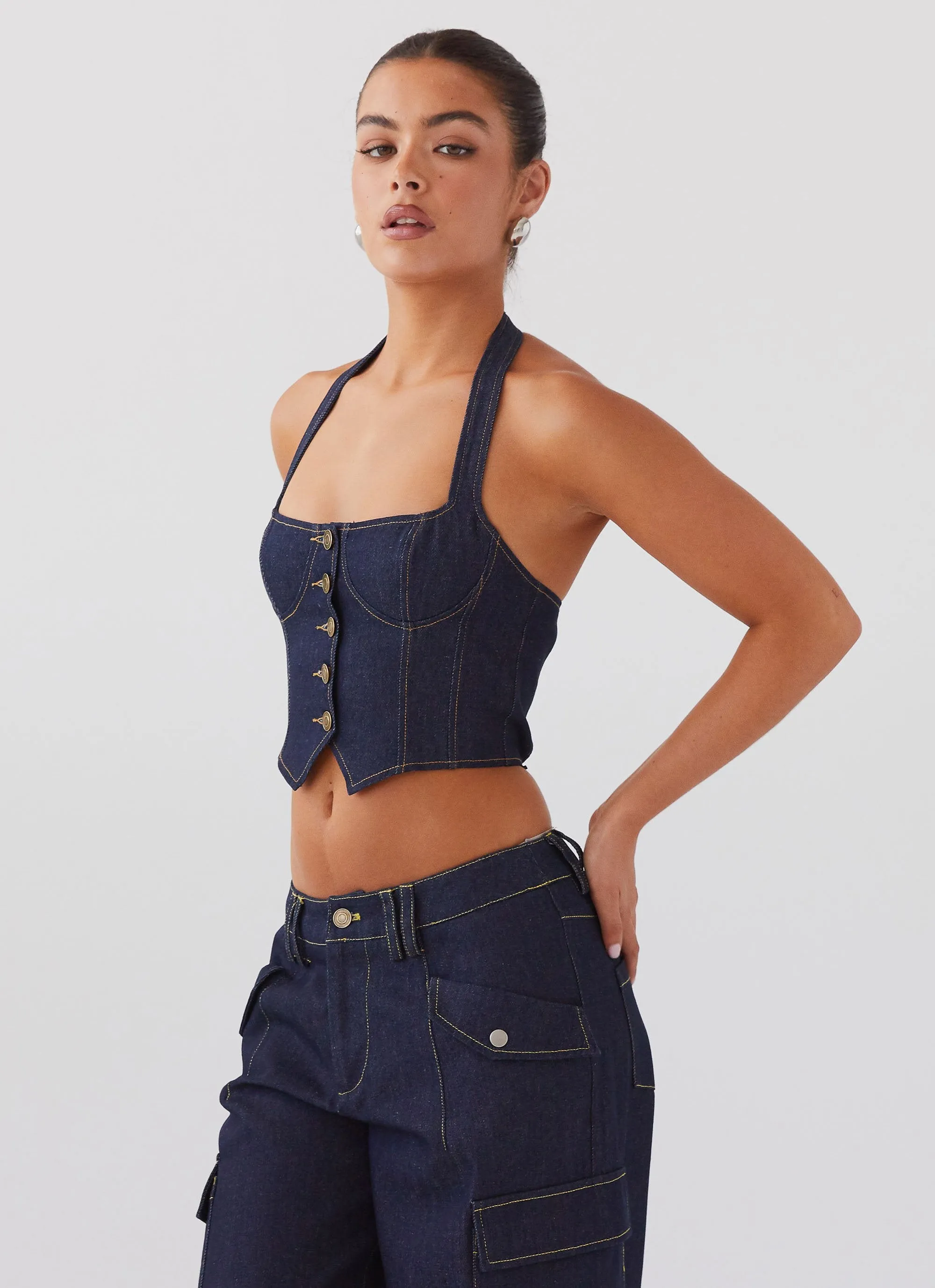 Avari Halterneck Denim Vest - Indigo