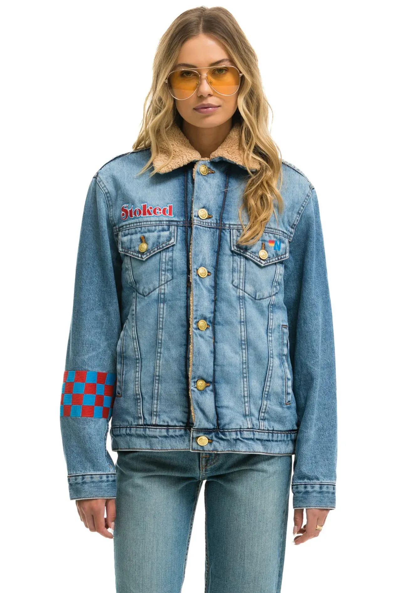 AVIATOR NATION SMALL STOKED BOLT SMILEY RANCH SHERPA DENIM JACKET - SUPER LIGHT