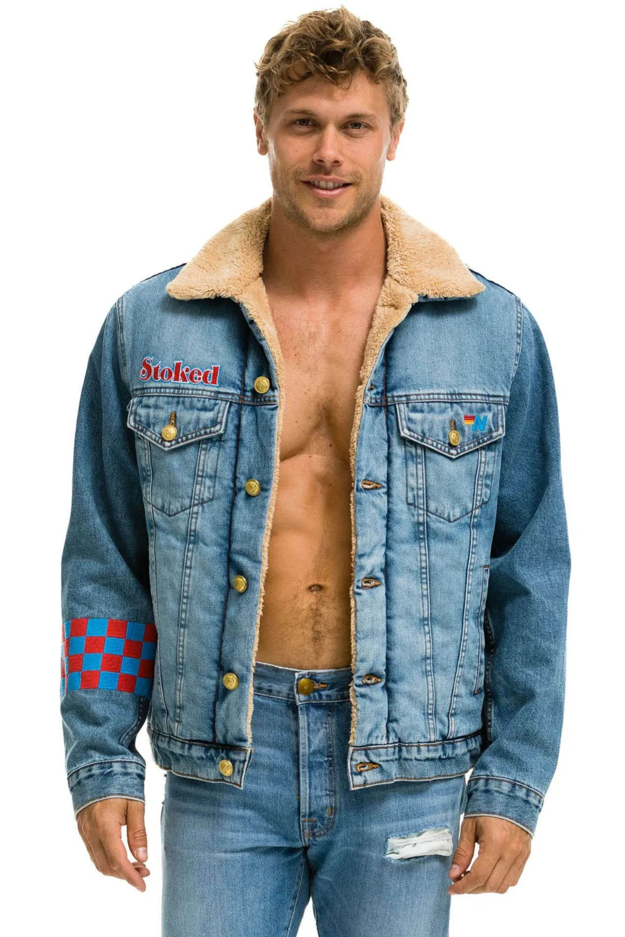 AVIATOR NATION SMALL STOKED BOLT SMILEY RANCH SHERPA DENIM JACKET - SUPER LIGHT