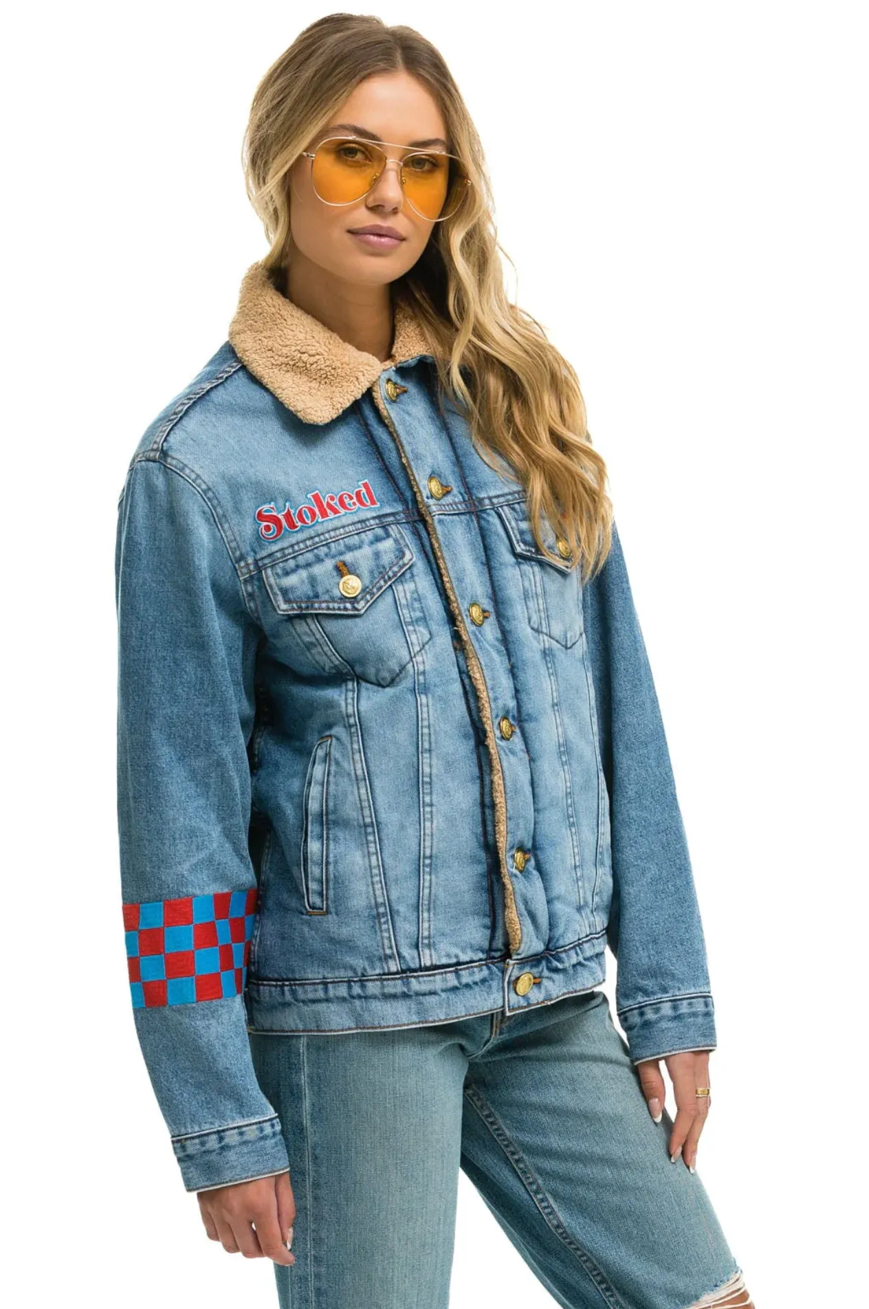 AVIATOR NATION SMALL STOKED BOLT SMILEY RANCH SHERPA DENIM JACKET - SUPER LIGHT