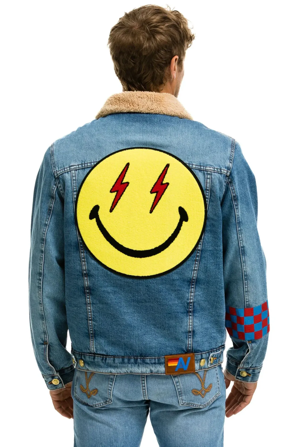 AVIATOR NATION SMALL STOKED BOLT SMILEY RANCH SHERPA DENIM JACKET - SUPER LIGHT