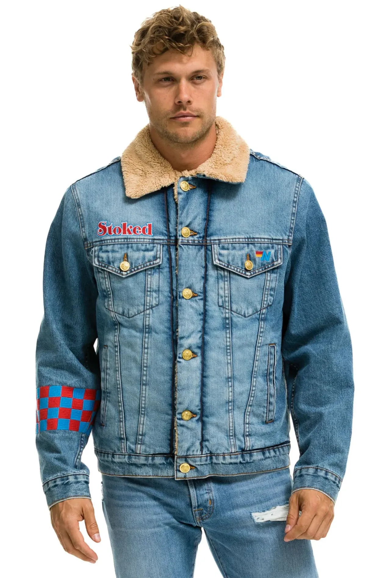 AVIATOR NATION SMALL STOKED BOLT SMILEY RANCH SHERPA DENIM JACKET - SUPER LIGHT