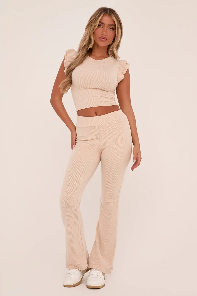 Beige Rib Knit Frill Detail Top & Trousers Co-ord Set - Vaneeza