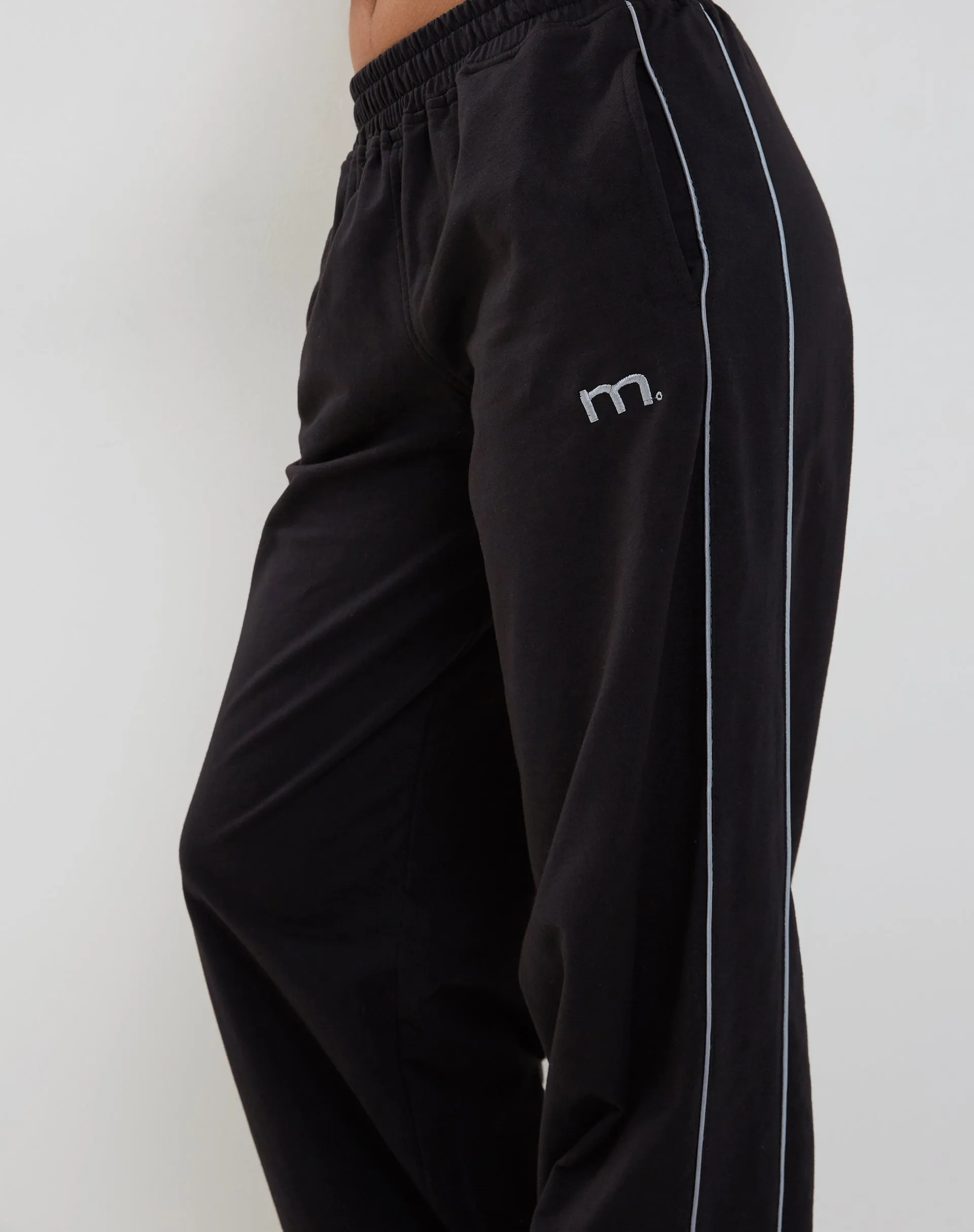 Benton Wide Leg Jogger in Black with Dark Grey Piping and 'M' Embroidery