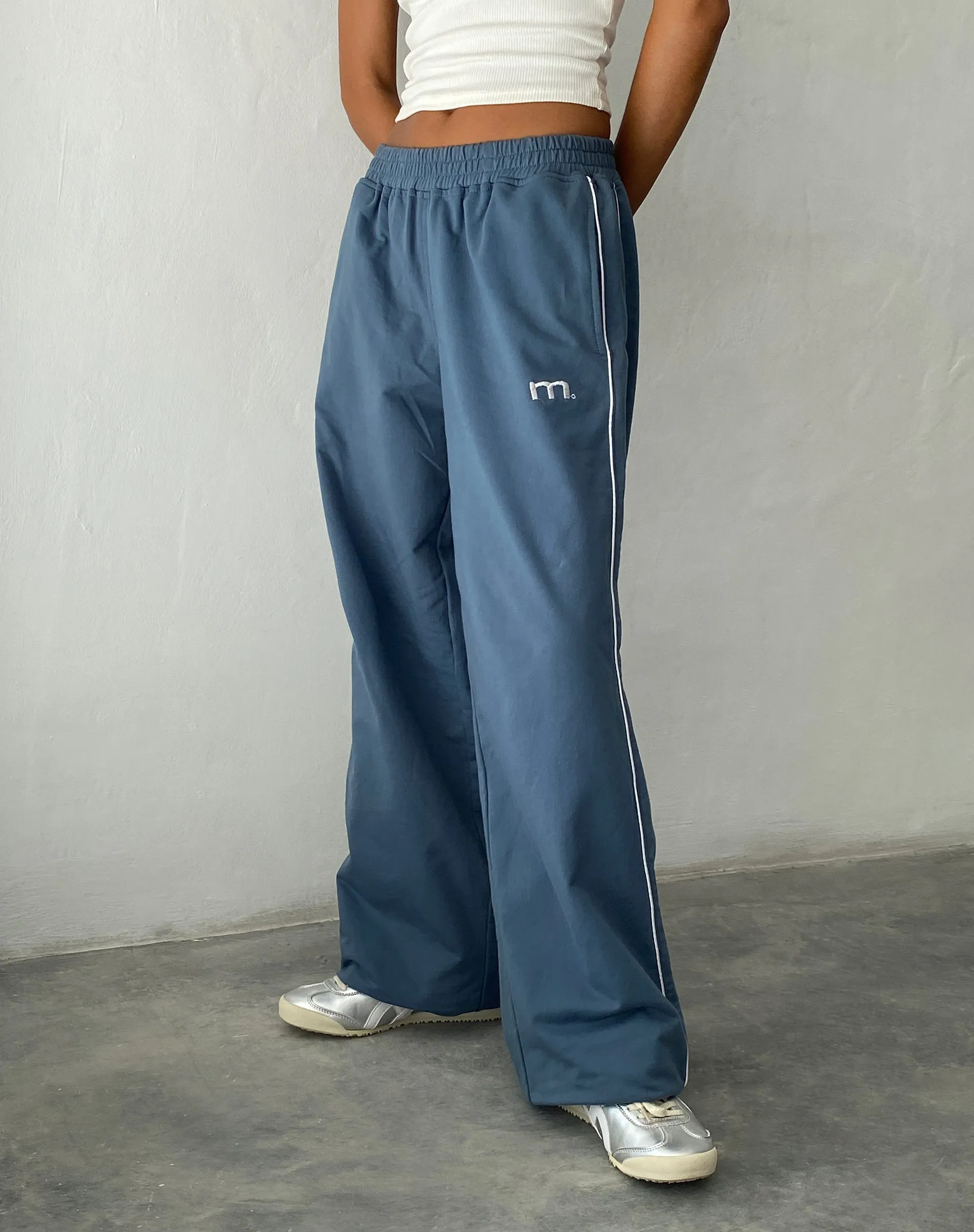 Benton Wide Leg Jogger in Blue with 'M' Embroidery