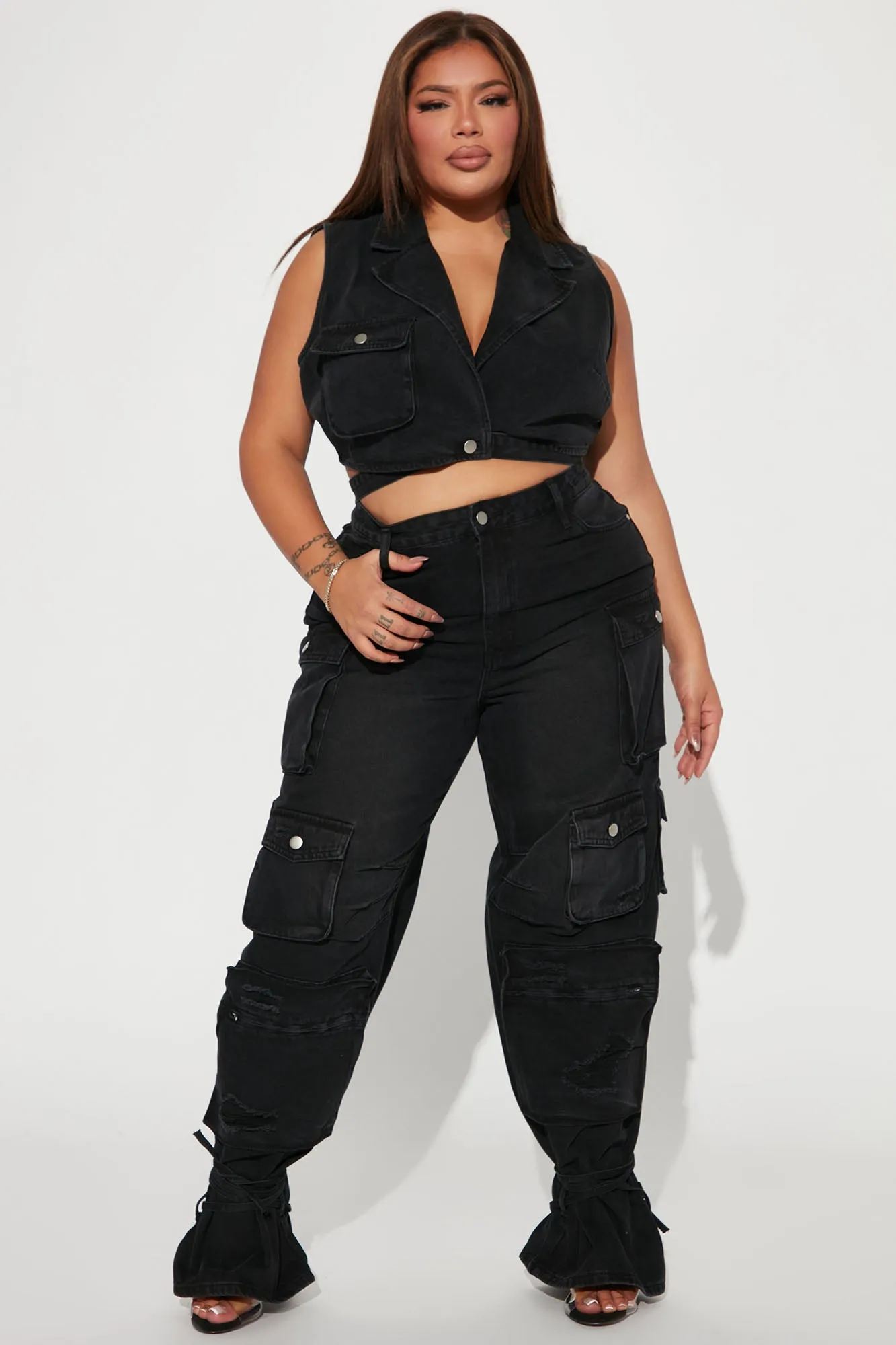 Billie Ripped Ankle Tie Cargo Jeans - Black