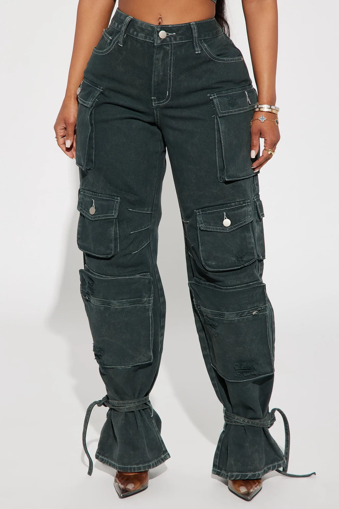 Billie Ripped Ankle Tie Cargo Jeans - Green