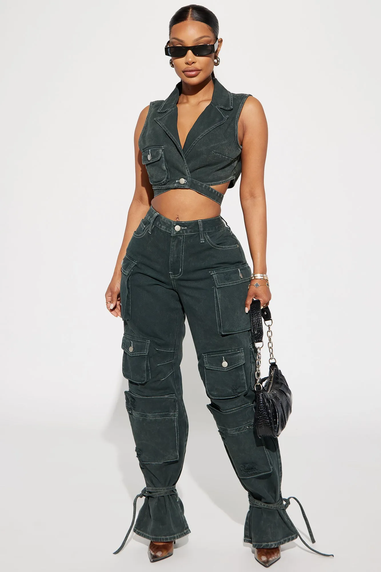 Billie Ripped Ankle Tie Cargo Jeans - Green