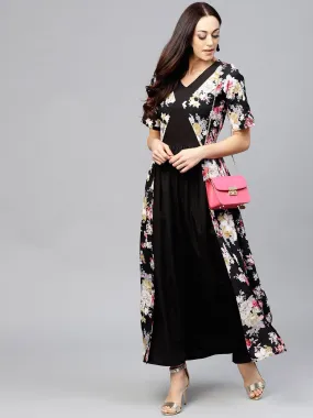 Black Maxi Dress With Round Neck And 3/4 Sleeves