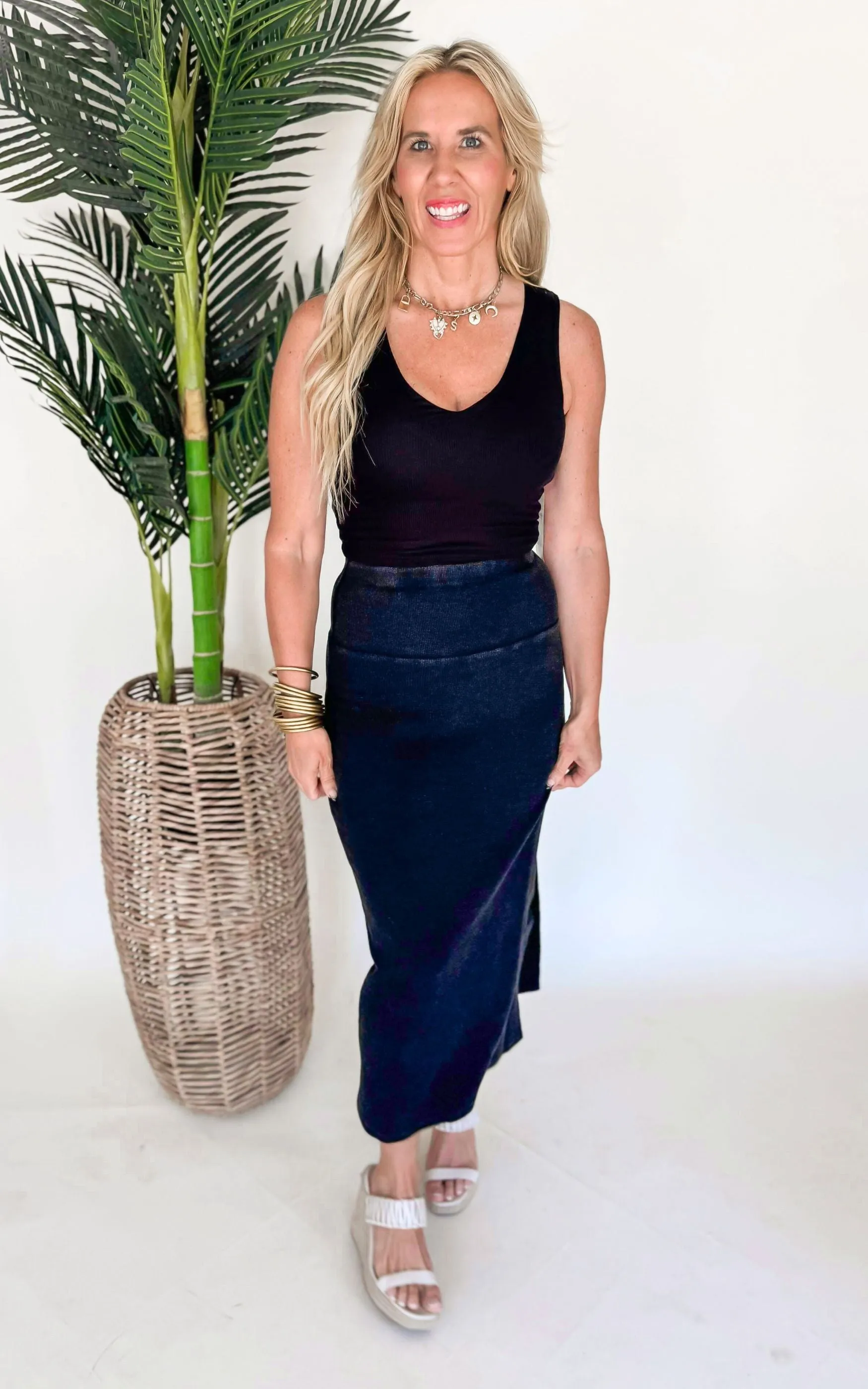 Black MIneral Wash Thermal Midi Skirt - Final Sale