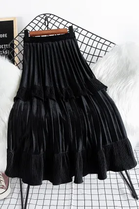 Black Pleated Velvet Skirt