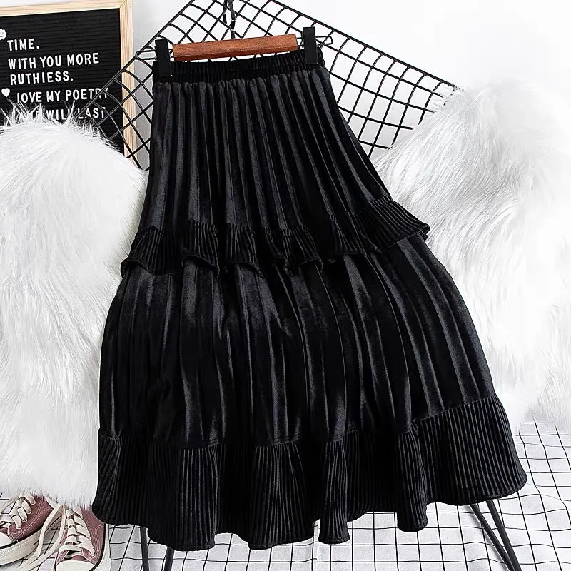 Black Pleated Velvet Skirt