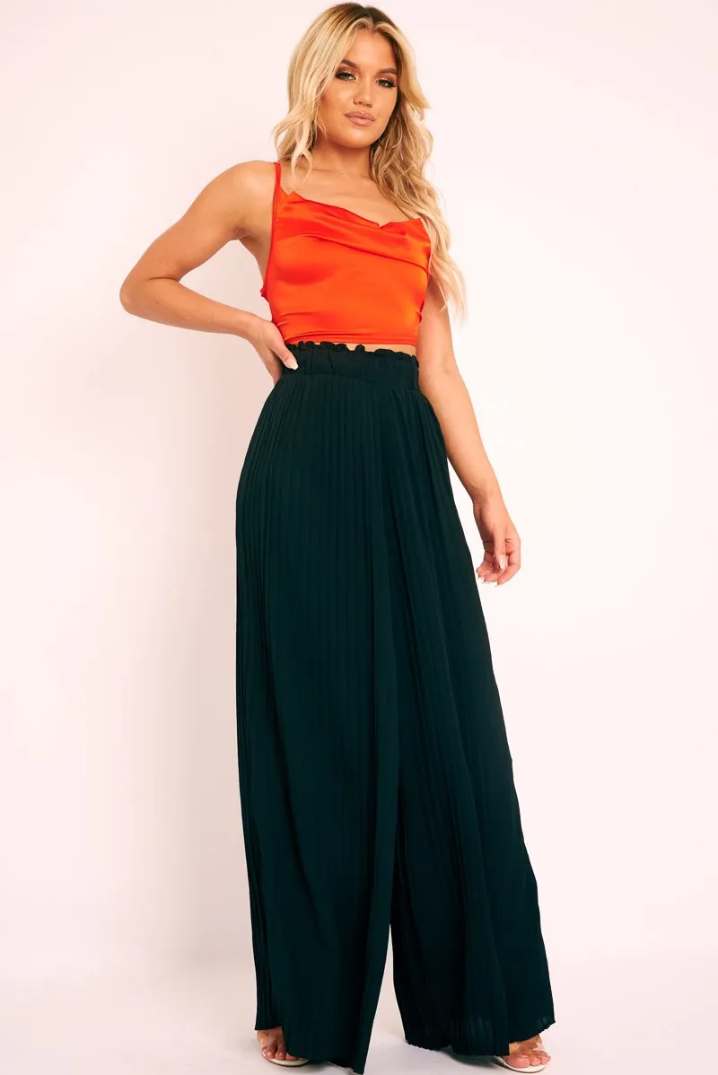 Black Plisse Frill Waist Wide Leg Trousers - Otta