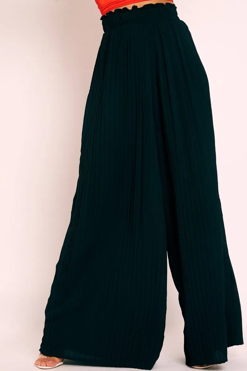 Black Plisse Frill Waist Wide Leg Trousers - Otta