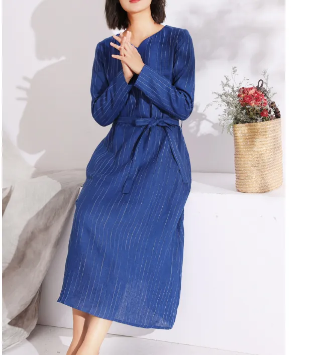 Blue Autumn linen Women Dresses Casual Fleece Lining Women Dress SSM97215