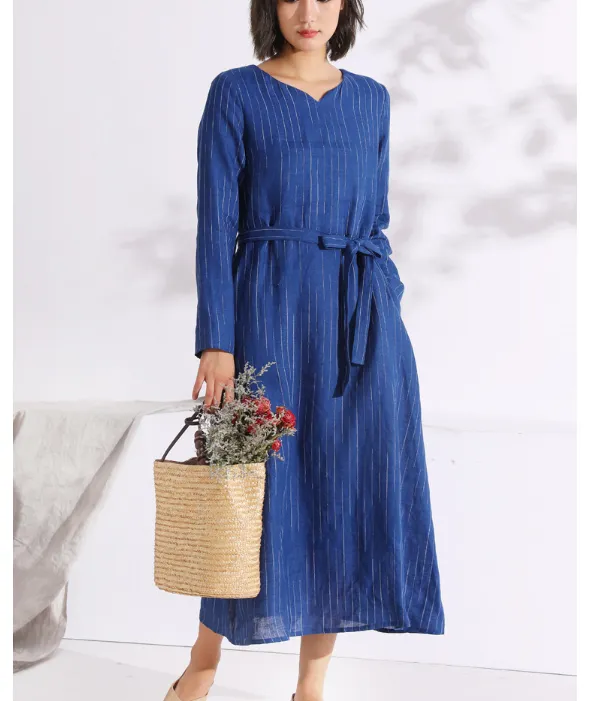 Blue Autumn linen Women Dresses Casual Fleece Lining Women Dress SSM97215